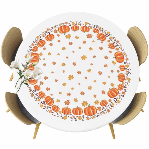 Fall Round Tablecloth, Fitted Table Cover with Elastic for 36"-44" Round Tables, Thanksgiving Watercolor Pumpkin Orange Maple Leaf Table Cloth Outdoor Indoor Dinning Party Waterproof Tablecloths