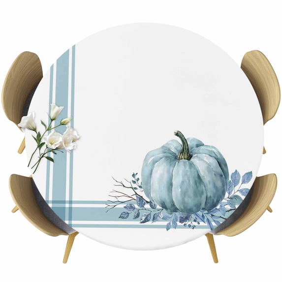 Fall Round Tablecloth, Fitted Table Cover with Elastic for 55"-60" Round Tables, Blue Pumpkin Thanksgiving Autumn Stripe Leaf Table Cloth Outdoor Indoor Dinning Party Waterproof Tablecloths