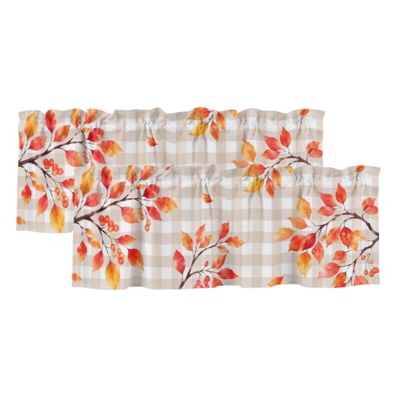 Fall Rowan Leaf 2 Panels Kitchen Valance, Rustic Orange Tree Branch Berry Beige Gingham Curtains Valances for Small Windows Rod Pocket Window Treatments for Living Room Bedroom 54"W x 18"L