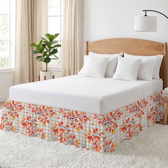 Fall Rowan Leaf Bed Skirt California King Size 16 Inch Drop, Rustic Orange Tree Branch Berry Beige Gingham Adjustable Elastic Dust Ruffles Bedskirt Wrap Around Pleated Mattress Frame Cover