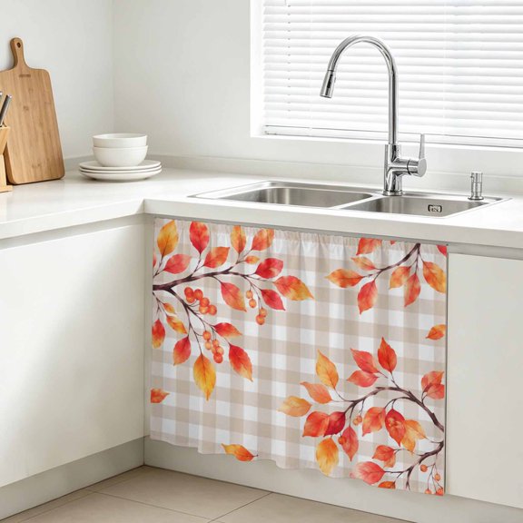 Fall Rowan Leaf Cabinet Curtain, Rustic Orange Tree Branch Berry Beige Gingham Sink Skirt for Bathroom, Under Sink shelf Curtain Privacy Drape for Kitchen Laundry Room 10x11in