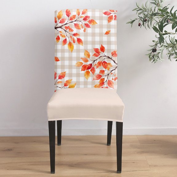 Fall Rowan Leaf Dining Chair Covers Set of 6, Rustic Orange Tree Branch Berry Beige Gingham Chair Covers for Dining Room Removable Seat Protectors Slipcovers for Home Party Wedding Banquet