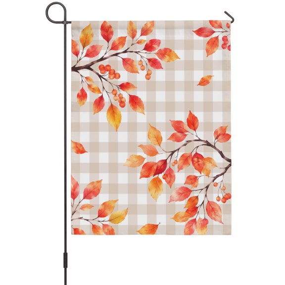 Fall Rowan Leaf House Flag 28 x 40 Inches, Rustic Orange Tree Branch Berry Beige Gingham Weather Proof Outdoor Patio Flags Double Sided Small House Decoration for Yard Lawn Outside Home