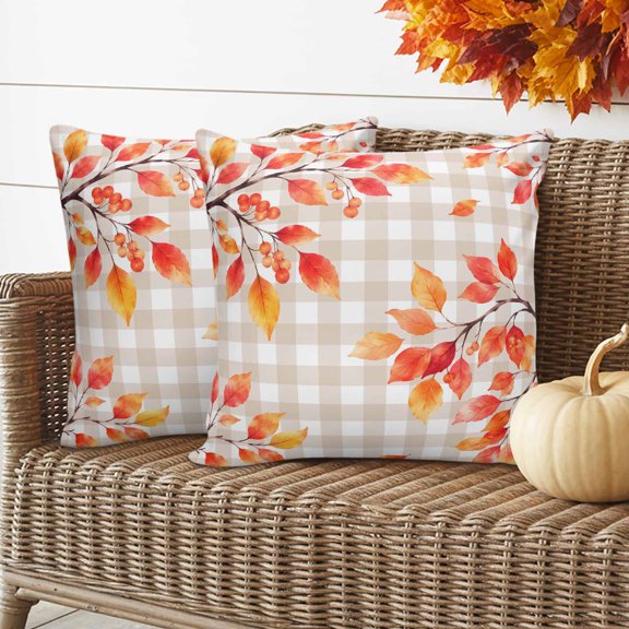 Fall Rowan Leaf Pillow Covers 2 Pack Rustic Orange Tree Branch Berry Beige Gingham Pillowcase Waterproof Outdoor Throw Pillow Cover for Patio Garden Balcony Decorative Square Cushion 20"x20"