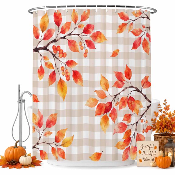 Fall Rowan Leaf Shower Curtain for Bathroom, Rustic Orange Tree Branch Berry Beige Gingham Waterproof Cloth Fabric Bathroom Accessories Set with 12 Rust Proof Plastic Hooks, 54"x78"