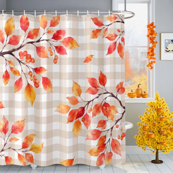 Fall Rowan Leaf Shower Curtain for Bathroom, Rustic Orange Tree Branch Berry Beige Gingham Waterproof Machine Washable Shower Curtain Set with Hooks, Bath Decoration for Home Bathtub Stall 60"x72"