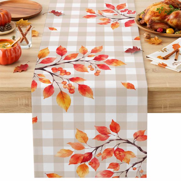 Fall Rowan Leaf Table Runner 18x72 Inch Rustic Orange Tree Branch Berry Beige Gingham Cotton Linen Dining Table Runner Ideal for Dresser Kitchen Coffee Tables - Machine Washable