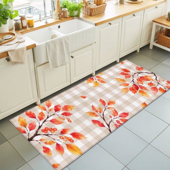 Fall Rowan Leaf Washable Runner Rugs 2'x6', Rustic Orange Tree Branch Berry Beige Gingham Washable Runner Rug Non-Slip Sturdy Edge Binding Carpet for Bedside Hallway Runner Kitchen Galley