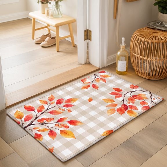 Fall Rowan Leaf Washable Small Entryway Area Rugs 2'x3', Rustic Orange Tree Branch Berry Beige Gingham Washable Throw Rug Non-Slip Sturdy Edge Binding Carpet for Front Door Floor Room Entry