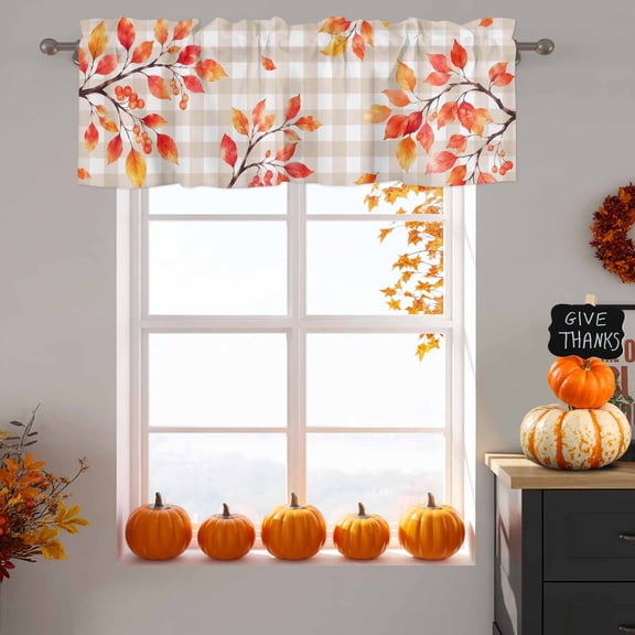 Fall Rowan Leaf Window Valance for Kitchen, Rustic Orange Tree Branch Berry Beige Gingham Rod Pocket Short Curtains for Bathroom Bedroom Small Window, Light Filtering Decorative Valances, 42x12 Inch
