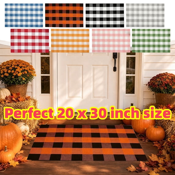 Fall Rug, 20 x 30 Inches Fall Cotton Orange and White Plaid Rug, Hand-Woven Indoor/Outdoor Buffalo Plaid Rug for Porch, Living Room, Entryway, Gray