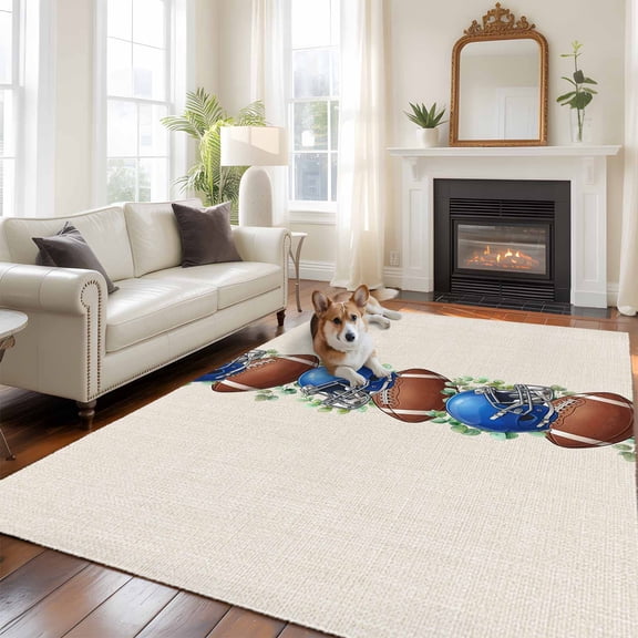 Fall Rugby 5x8 Rug for Bedroom Under Queen Bed Placement, Eucalyptus Leaf Blue Baseball Cap Linen Texture Washable Non Slip Large Rectangle Area Rug