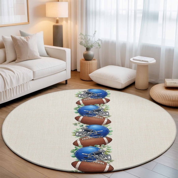 Fall Rugby Round Area Rugs 3 ft, Eucalyptus Leaf Blue Baseball Cap Linen Texture Washable Small Area Rug with Non-Slip Sturdy Edge Binding Round Front Door Mat Floor Carpet for Entryway