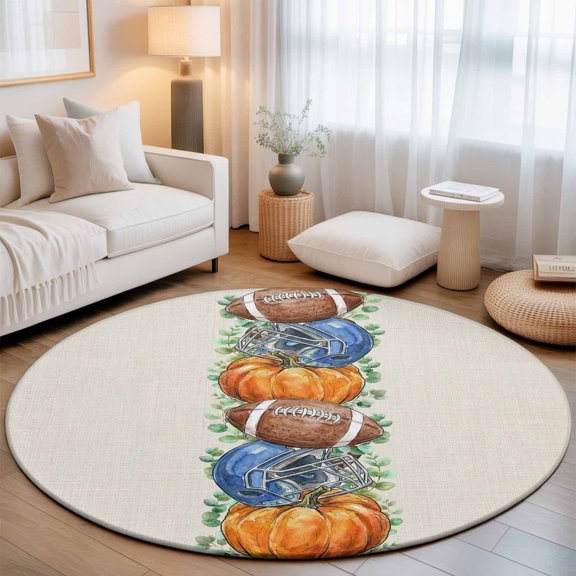 Fall Rugby Round Area Rugs 3 ft, Eucalyptus Leaf Blue Baseball Cap Pumpkin Linen Texture Washable Small Area Rug with Non-Slip Sturdy Edge Binding Round Front Door Mat Floor Carpet for Entryway