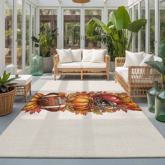 Fall Rugby Washable Area Rugs 3'x5', Red Baseball Cap Maple Leaf Pumpkin Linen Texture Washable Throw Living Room Rug Non-Slip Sturdy Edge Binding Carpet for Indoor Entryway Bedside Kitchen