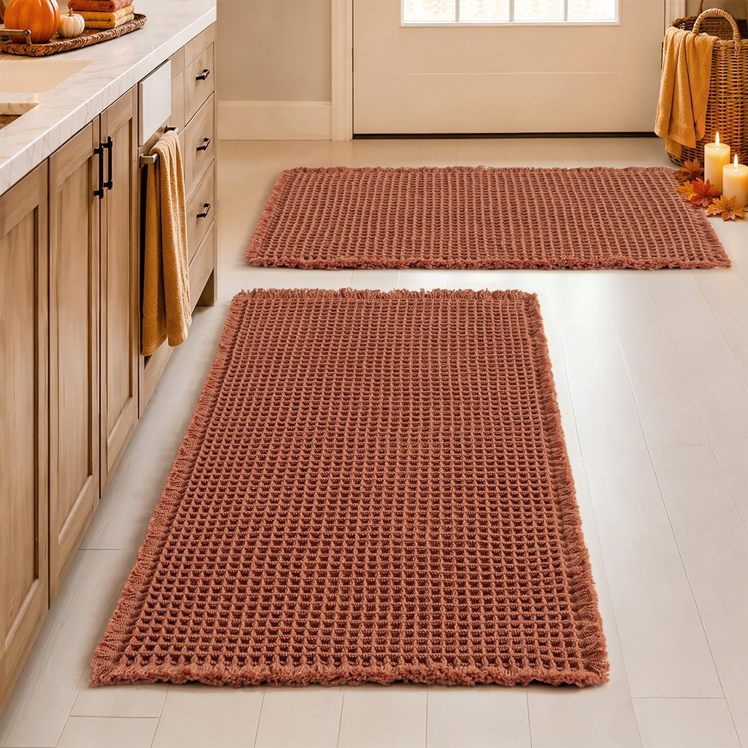 Fall Rust Set of 2 Waffle Bathroom Rugs Boho Bath Mat 18x30 Inch ...