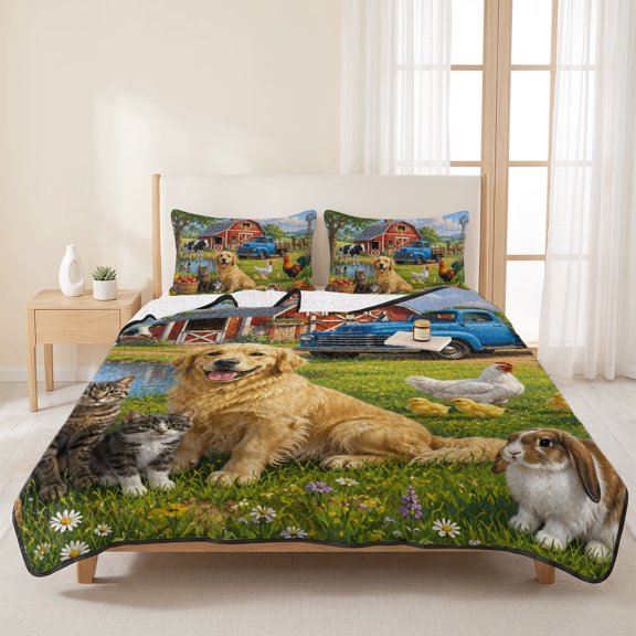 Fall Rustic Animal Patterns Wood Barn 3 Pieces Quilt Set,1 Quilt with 2 Shams,Farmhouse Countryside Scene Bedspread Soft Lightweight Bedding Coverlet Comforter Set for All Season 96"x106"