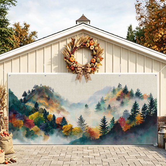 Fall Rustic Trees Garage Door Cover, Foggy Forest Autumn Natural Retro Mountain Garage Door Decorations with Ropes, Outdoor Hanging Banner Backdrop for Holiday Party Courtyard Porch Wall Decor 6x13ft
