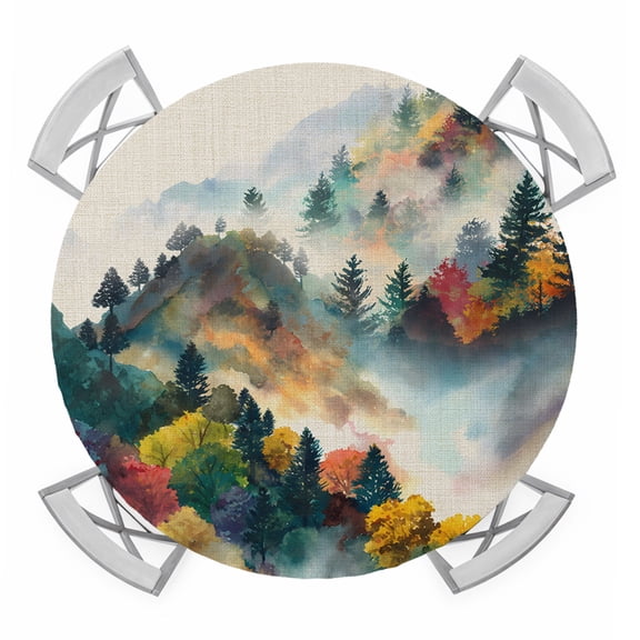 Fall Rustic Trees Round Tablecloth for 45-54 Inch Tables,Fitted Table Cover with Elastic Edge,Foggy Forest Autumn Natural Retro Mountain Waterproof Outdoor Table Cloth Protector for Patio Dinner