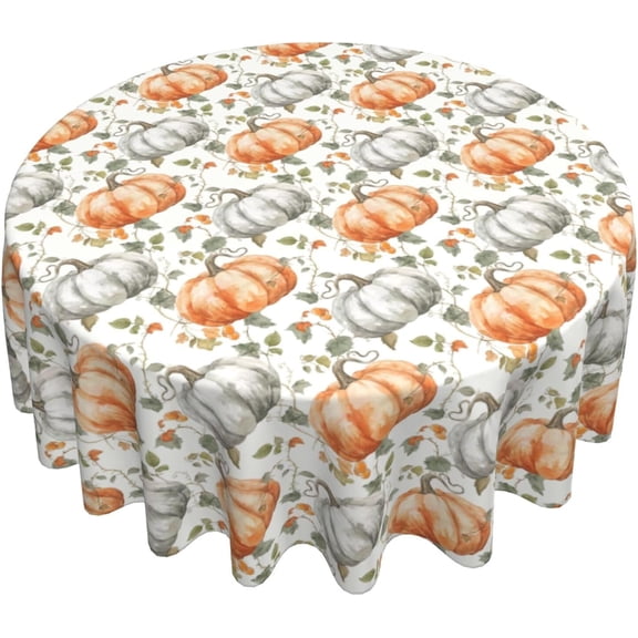 Fall Rustic White Orange Pumpkin Round Tablecloth 60 Inch Farmhouse Thanksgiving Harvest Decorative Table Cloth Washable Polyester Table Cover for Home Kitchen Dining Party