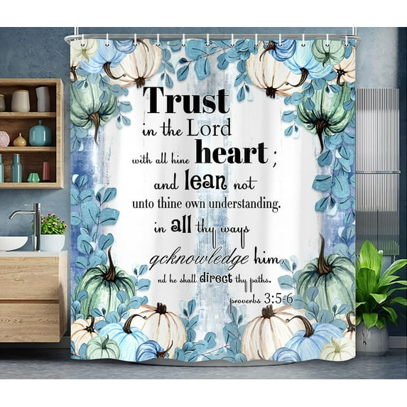 Fall Sage Green Pumpkin Shower Curtain, Autumn Thanksgiving Shower Curtains for Bathroom, Farmhouse Country Eucalyptus Leaves Inspirational Quotes Bible Verses Bath Accessories Decor Fabric 70X70in