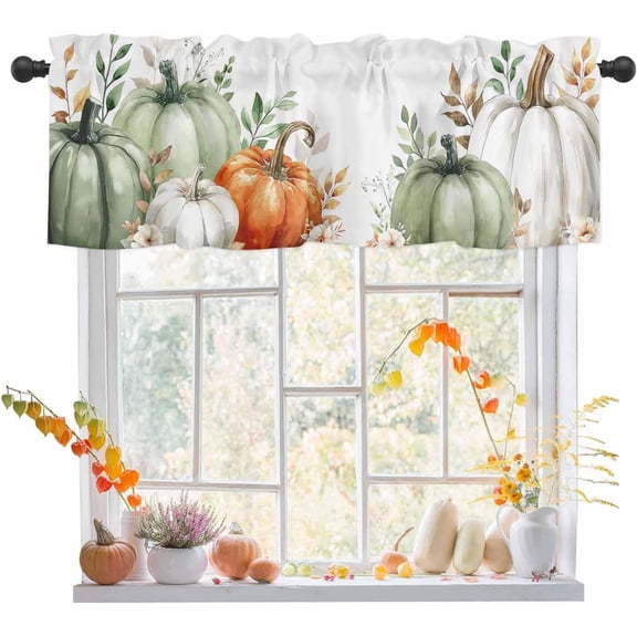 Fall Sage Green Pumpkin Valance for Windows Eucalyptus Leaves Green Orange White Rod Pocket Window Treatment Valance Thanksgiving Decorative Curtain Valance for Kitchen/Living Room/Bedroom 54x18in