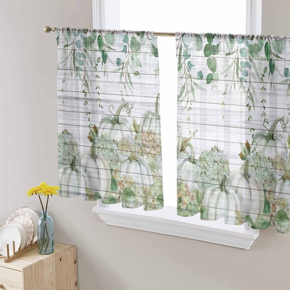 Fall Sage Green Pumpkins Sheer Curtains 54 Inches Length 2 Panels Set, Window Sheer Curtains for Living Room/Bedroom, Thanksgiving Maple Leaf Vintage Light Filter Rod Pocket Curtain 52'' x 54'' x 2
