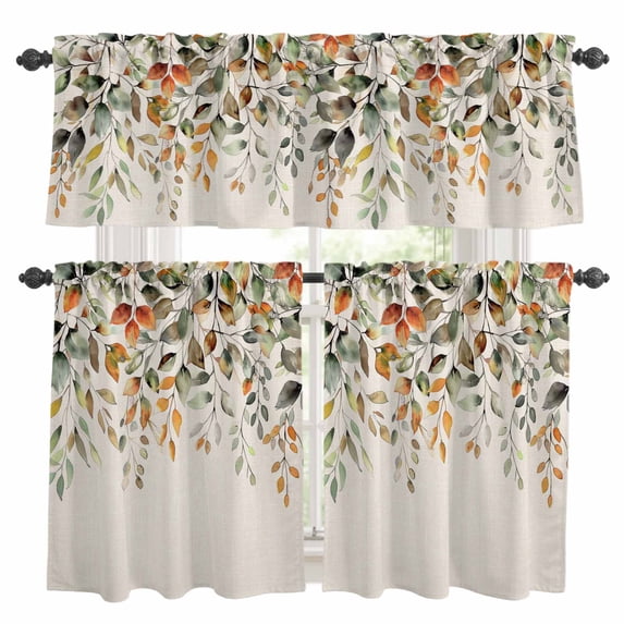 Fall Sage Kitchen Curtains Valances and Tiers Set of 3 Green Eucalyptus Leaves Linen Background Tier Curtains and Valance with Rod Pocket for Small Windows, 27.5"x36"