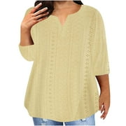 Fall Saving 2025 QUINDOS 3/4 Sleeve Women Tshirts Plus Size Womens Tops Casual V-Neck Yellow Solid Loose Fit Tops
