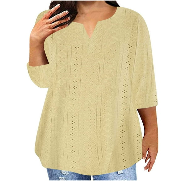Fall Saving 2025 QUINDOS 3/4 Sleeve Women Tshirts Plus Size Womens Tops Casual V-Neck Yellow Solid Loose Fit Tops