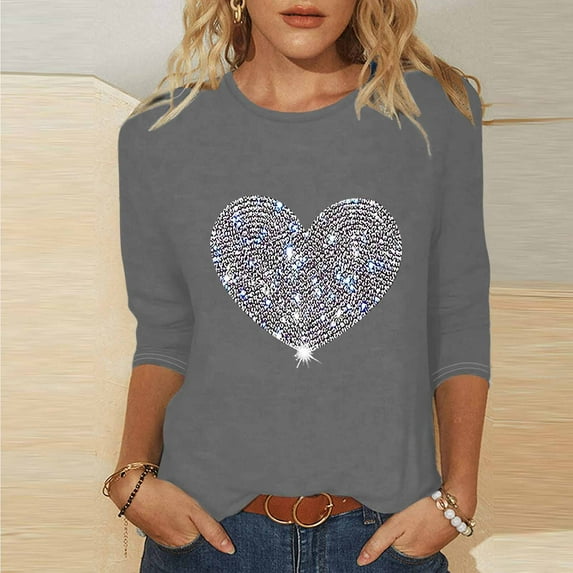 Fall Saving 2025 QUINDOS Graphic Tee Shirts Women Sequin 3/4 Sleeve Womens Tops Plus Size Heart Gray Relaxed Fit Crew Neck Casual Tops
