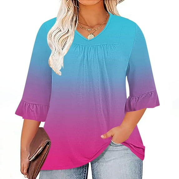Fall Saving 2025 QUINDOS Plus Size Womens Tshirts 3/4 Sleeve Gradient Ladies Tops Hot Pink Ruffle Sleeve Casual Loose Gradient Pleated V-Neck Tops