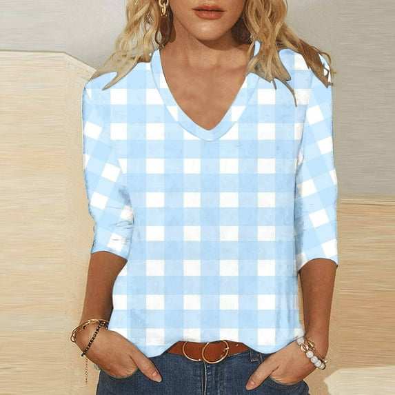Fall Saving 2025 QUINDOS Shirts for Women Plaid 3/4 Sleeve Ladies Fall Tops Light Blue V-Neck Casual Loose Plaid Tops