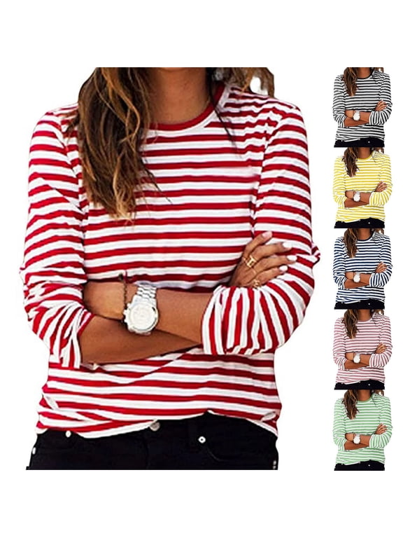 Fall Saving 2025 QUINDOS Striped Shirts for Women Long Sleeve Tops for Women 2025 Red Casual Regular Fit Striped Crew Neck Tops