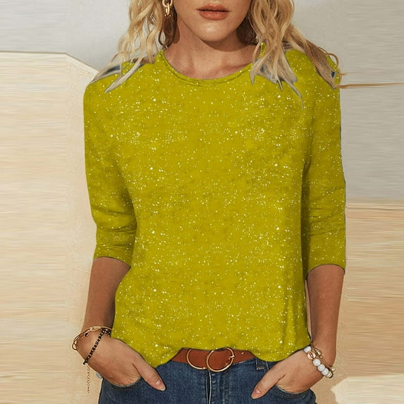 Fall Saving 2025 QUINDOS Tshirts for Women 3/4 Sleeve Womens Tops Plus Size Loose Yellow Crew Neck Solid Sequin Casual Tops