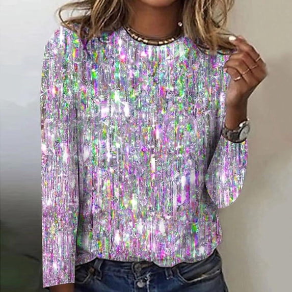 Fall Saving Clearance 2024!QUINDOS Womens Graphic Tee Shirts Long Sleeve Ladies Tops Crew Neck Casual Purple Classic Fit Tops