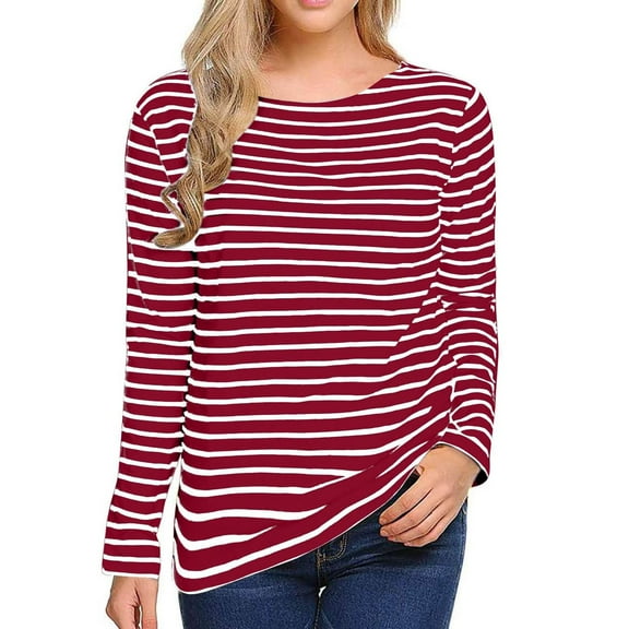 Fall Saving 2025 QUINDOS Womens Shirts Striped Long Sleeve Womens Tops Patchwork Casual Wine Striped Crew Neck Regular Fit Tops