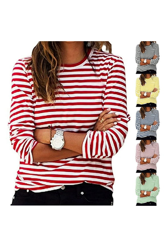 Fall Saving 2025 QUINDOS Womens Shirts Striped Long Sleeve Ladies Tops Plus Size Loose Fit Red Crew Neck Striped Casual Tops