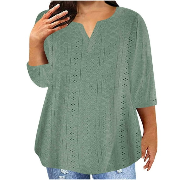 Fall Saving 2025 QUINDOS Womens Tshirts 3/4 Sleeve Plus Size Womens Tops Loose Casual V-Neck Green Solid Tops