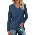 thumbnail image 1 of Fall Saving 2025 QUINDOS Womens Tshirts Long Sleeve Ladies Tops Solid V-Neck Casual Navy Loose Tops, 1 of 2