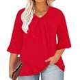 thumbnail image 1 of Fall Saving 2025 QUINDOS Womens Tshirts Plus Size 3/4 Sleeve Tops for Women 2025 Red Loose V-Neck Pleated Ruffle Sleeve Casual Solid Tops, 1 of 5