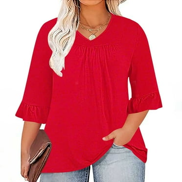 Fall Saving Clearance 2024!QUINDOS Womens Tshirts Plus Size 3/4 Sleeve Tops for Women 2024 Red Loose V-Neck Pleated Ruffle Sleeve Casual Solid Tops