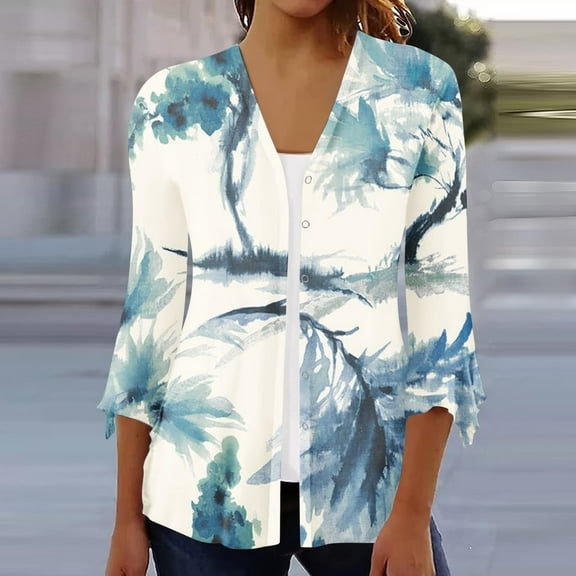 Fall Saving Clearance AXXD Swim Cover Ups For Women Kimono Cover up Floral Print 3/4 Sleeve Ruffle Button Kimono