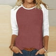 thumbnail image 1 of Fall Saving QUINDOS 3/4 Sleeve T Shirts for Women Womens Plus Size Tops Solid Brown Patchwork Casual Crew Neck Classic Fit Tops, 1 of 5