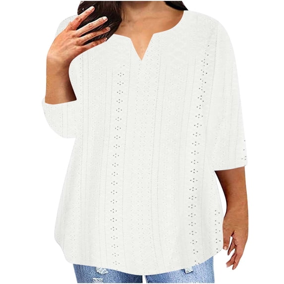 Fall Saving QUINDOS 3/4 Sleeve Women's Shirts Plus Size Ladies Tops Casual Solid Regular Fit V-Neck White Tops