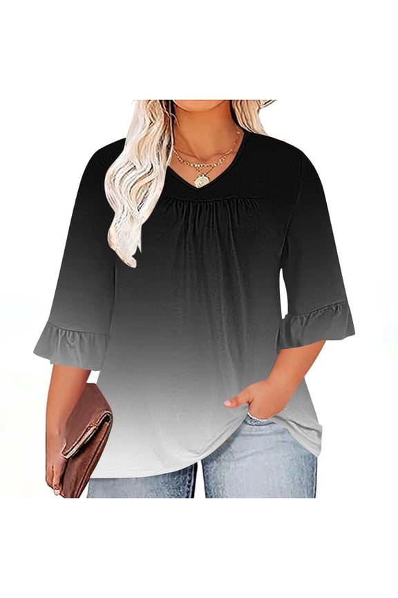 Fall Saving QUINDOS Gradient Women Shirts 3/4 Sleeve Plus Size Womens Tops Pleated V-Neck Ruffle Sleeve Loose Fit Casual Black Gradient Tops