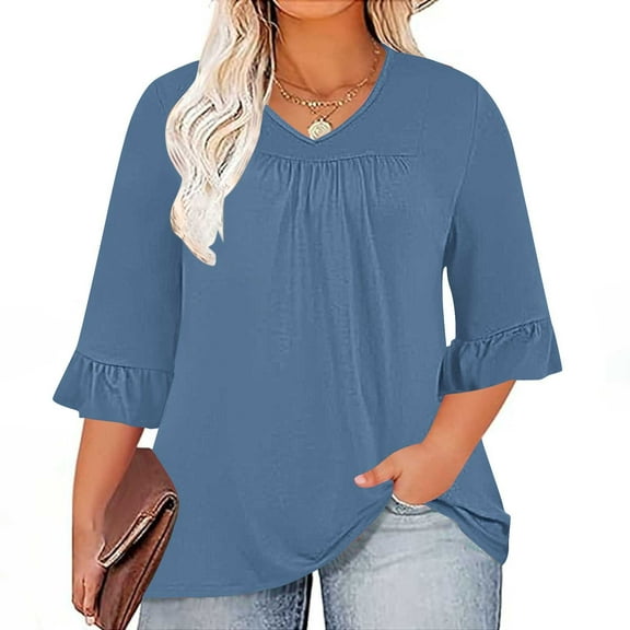 Fall Saving QUINDOS Plus Size Shirts for Women 3/4 Sleeve Ladies Tops Casual Solid Ruffle Sleeve Loose Fit V-Neck Navy Pleated Tops