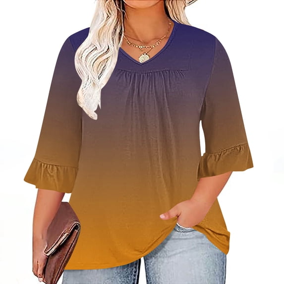 Fall Saving QUINDOS Plus Size Womens Shirts Gradient 3/4 Sleeve Tops for Women Loose Fit Casual Pleated Ruffle Sleeve Yellow Gradient V-Neck Tops