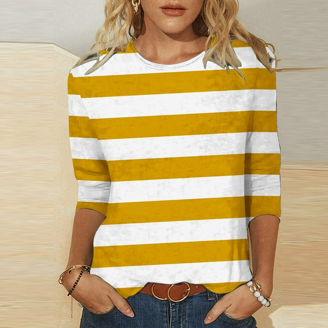 Fall Saving Clearance!QUINDOS Shirts for Women 3/4 Sleeve Striped Ladies Fall Tops Yellow Crew Neck Classic Fit Striped Casual Tops