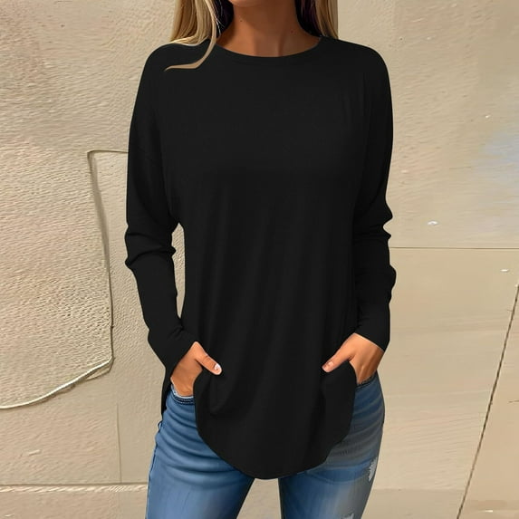 Fall Saving QUINDOS T Shirts for Women Long Sleeve Tunic Women's Tops Black Casual Crew Neck Solid Loose Fit Tops